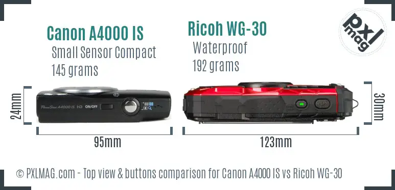 Canon A4000 IS vs Ricoh WG-30 top view buttons comparison