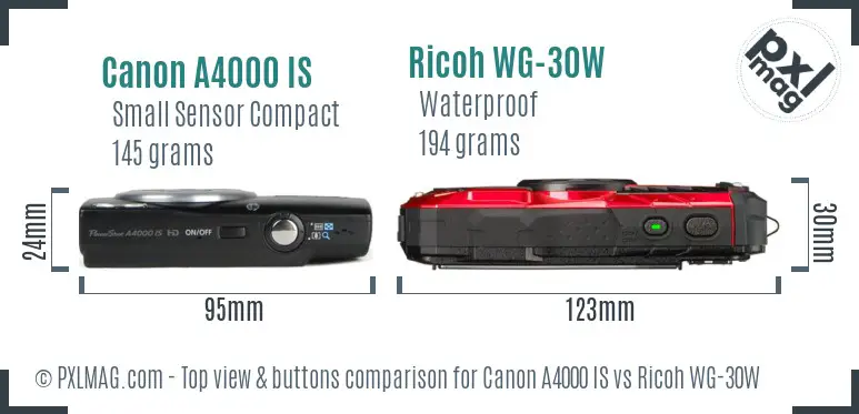 Canon A4000 IS vs Ricoh WG-30W top view buttons comparison Canon A4000 IS vs Ricoh WG-30W top view buttons comparison
