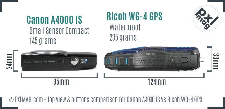 Canon A4000 IS vs Ricoh WG-4 GPS top view buttons comparison Canon A4000 IS vs Ricoh WG-4 GPS top view buttons comparison