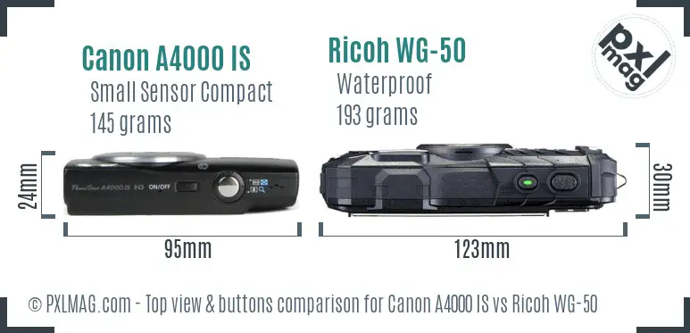 Canon A4000 IS vs Ricoh WG-50 top view buttons comparison