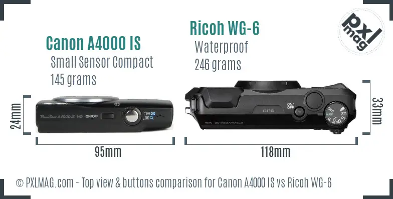 Canon A4000 IS vs Ricoh WG-6 top view buttons comparison Canon A4000 IS vs Ricoh WG-6 top view buttons comparison