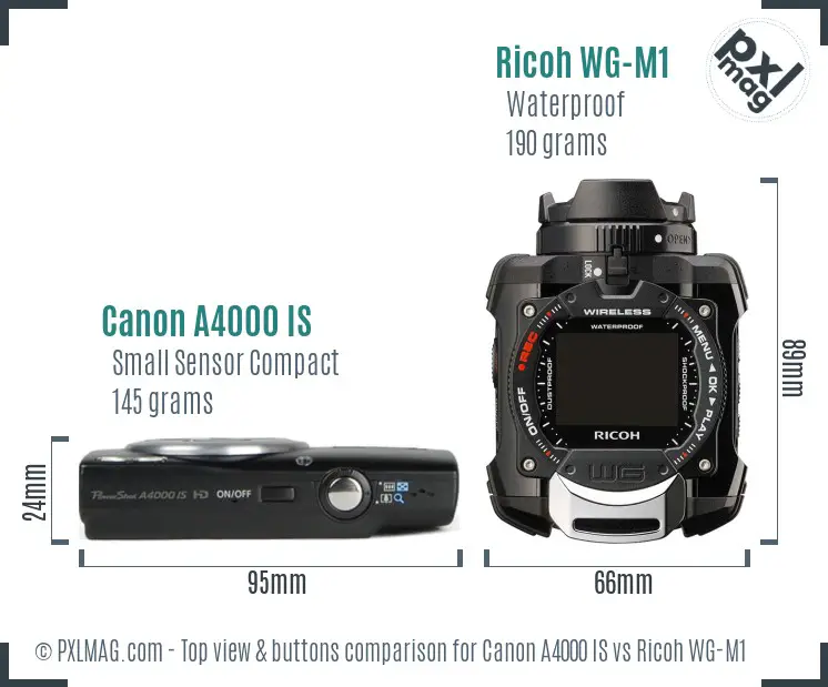 Canon A4000 IS vs Ricoh WG-M1 top view buttons comparison