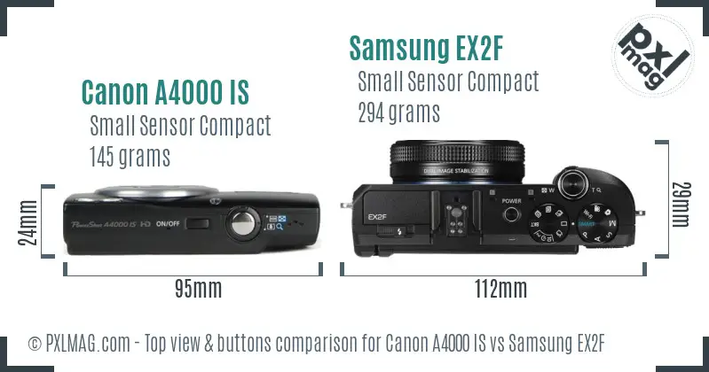 Canon A4000 IS vs Samsung EX2F top view buttons comparison
