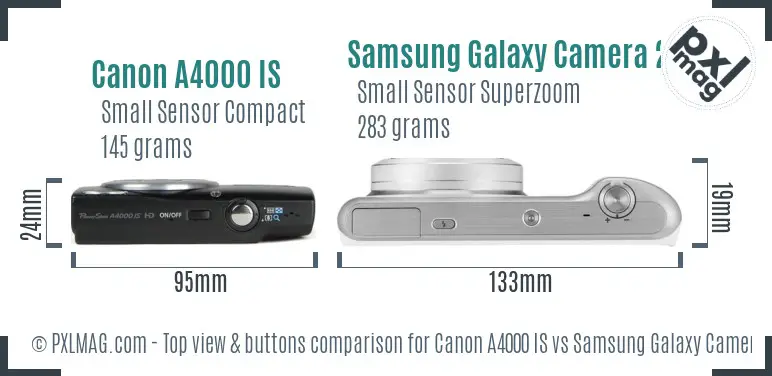 Canon A4000 IS vs Samsung Galaxy Camera 2 top view buttons comparison