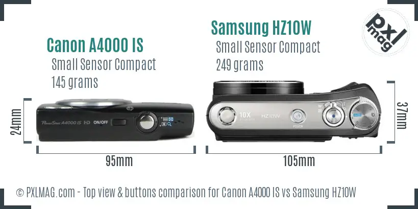 Canon A4000 IS vs Samsung HZ10W top view buttons comparison