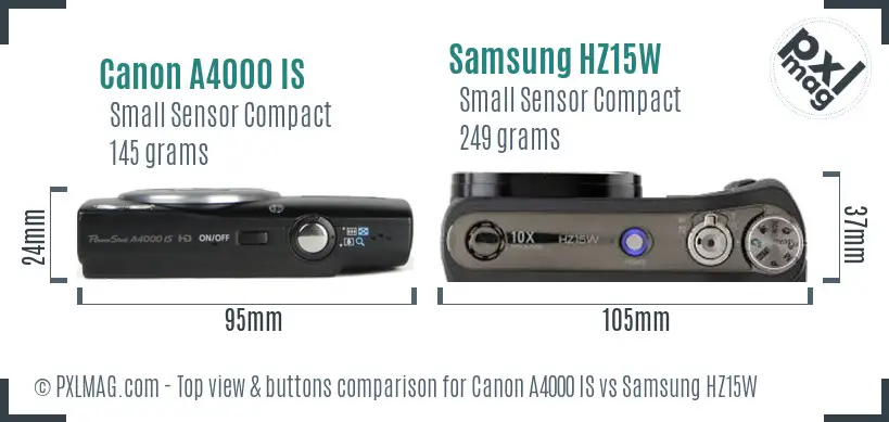 Canon A4000 IS vs Samsung HZ15W top view buttons comparison