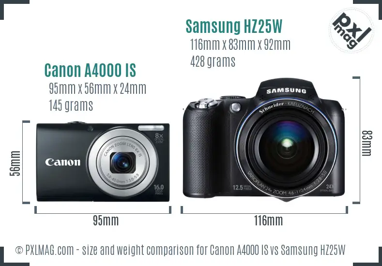 Canon A4000 IS vs Samsung HZ25W size comparison Canon A4000 IS vs Samsung HZ25W size comparison