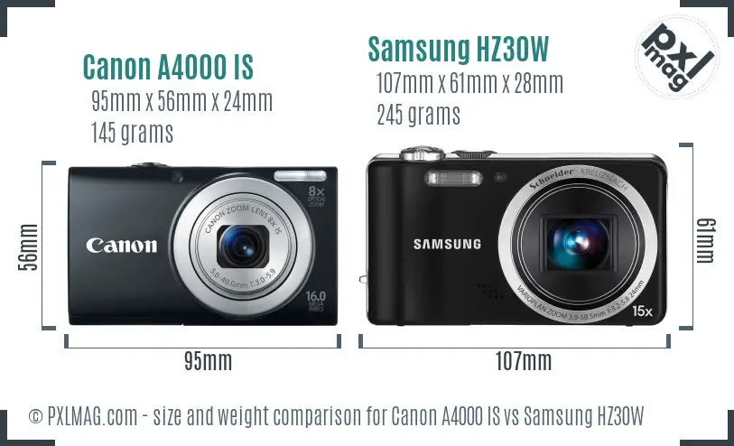 Canon A4000 IS vs Samsung HZ30W size comparison
