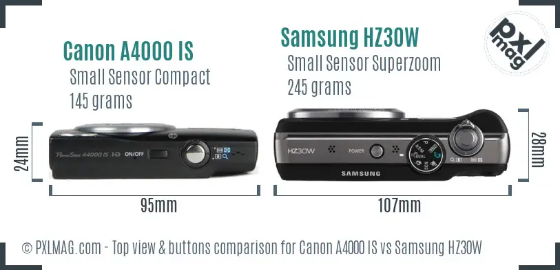 Canon A4000 IS vs Samsung HZ30W top view buttons comparison