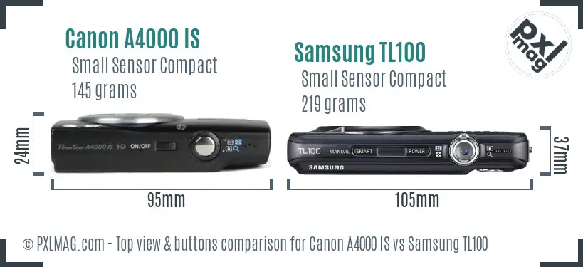 Canon A4000 IS vs Samsung TL100 top view buttons comparison
