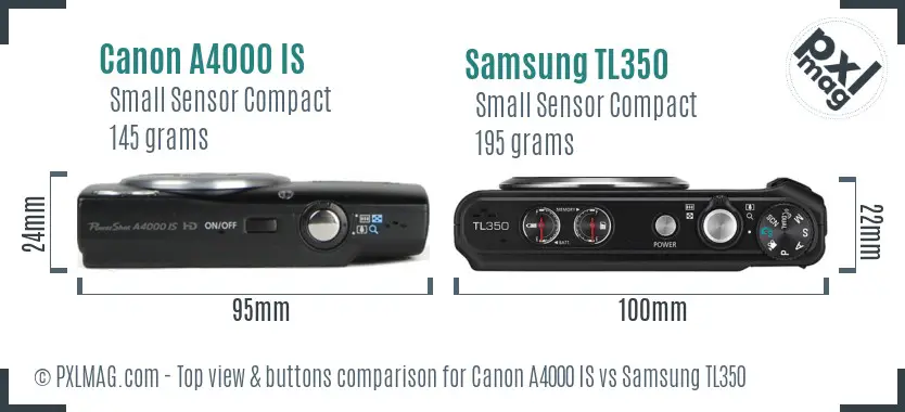 Canon A4000 IS vs Samsung TL350 top view buttons comparison Canon A4000 IS vs Samsung TL350 top view buttons comparison