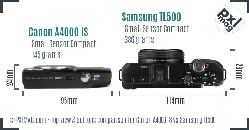 Canon A4000 IS vs Samsung TL500 top view buttons comparison Canon A4000 IS vs Samsung TL500 top view buttons comparison