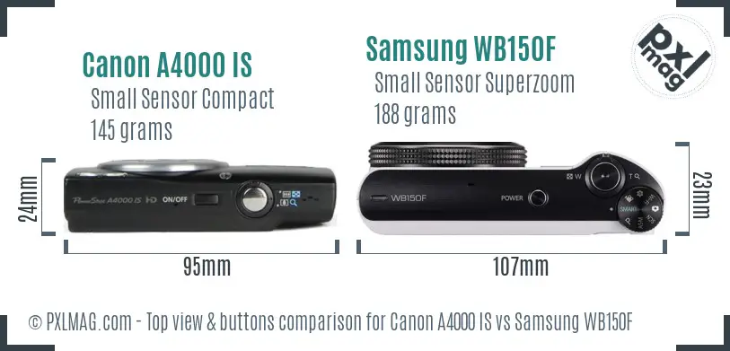 Canon A4000 IS vs Samsung WB150F top view buttons comparison