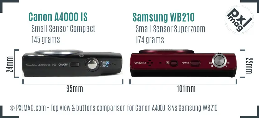 Canon A4000 IS vs Samsung WB210 top view buttons comparison Canon A4000 IS vs Samsung WB210 top view buttons comparison