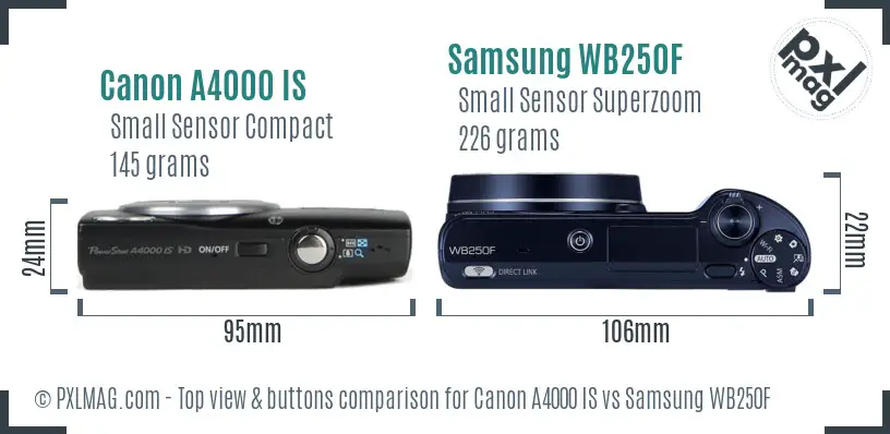 Canon A4000 IS vs Samsung WB250F top view buttons comparison