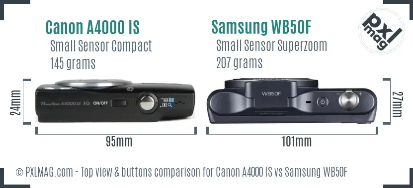 Canon A4000 IS vs Samsung WB50F top view buttons comparison