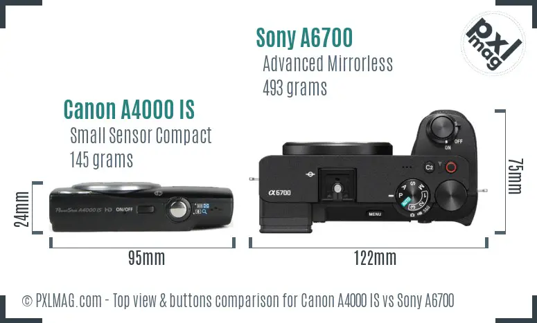 Canon A4000 IS vs Sony A6700 top view buttons comparison
