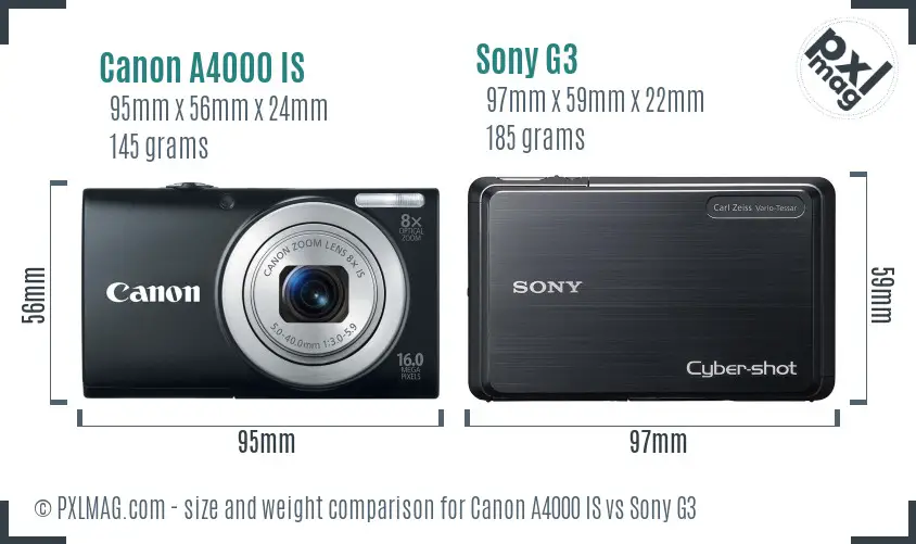 Canon A4000 IS vs Sony G3 size comparison