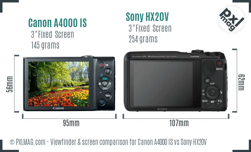 Canon A4000 IS vs Sony HX20V Screen and Viewfinder comparison