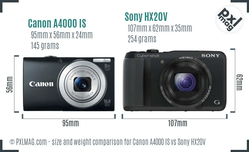 Canon A4000 IS vs Sony HX20V size comparison