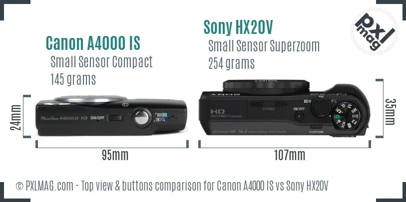 Canon A4000 IS vs Sony HX20V top view buttons comparison