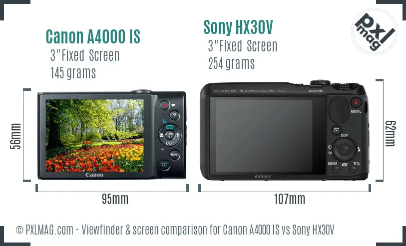 Canon A4000 IS vs Sony HX30V Screen and Viewfinder comparison