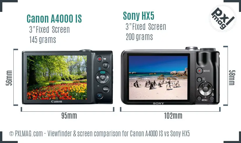 Canon A4000 IS vs Sony HX5 Screen and Viewfinder comparison