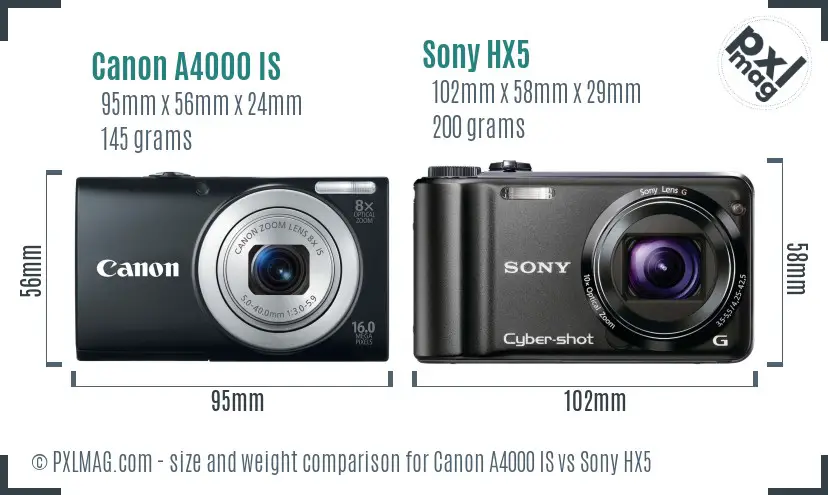 Canon A4000 IS vs Sony HX5 size comparison