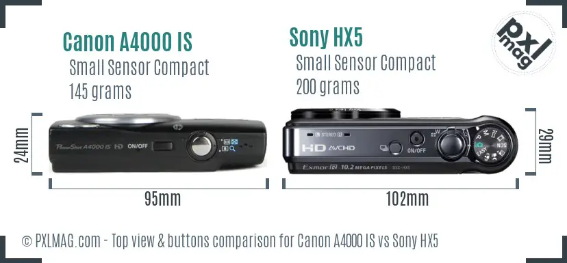 Canon A4000 IS vs Sony HX5 top view buttons comparison