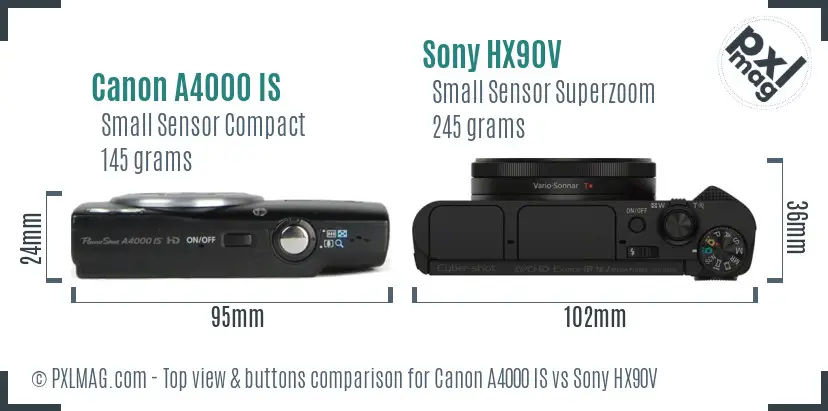 Canon A4000 IS vs Sony HX90V top view buttons comparison Canon A4000 IS vs Sony HX90V top view buttons comparison