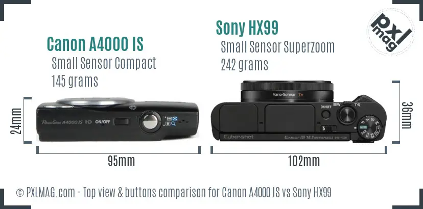 Canon A4000 IS vs Sony HX99 top view buttons comparison