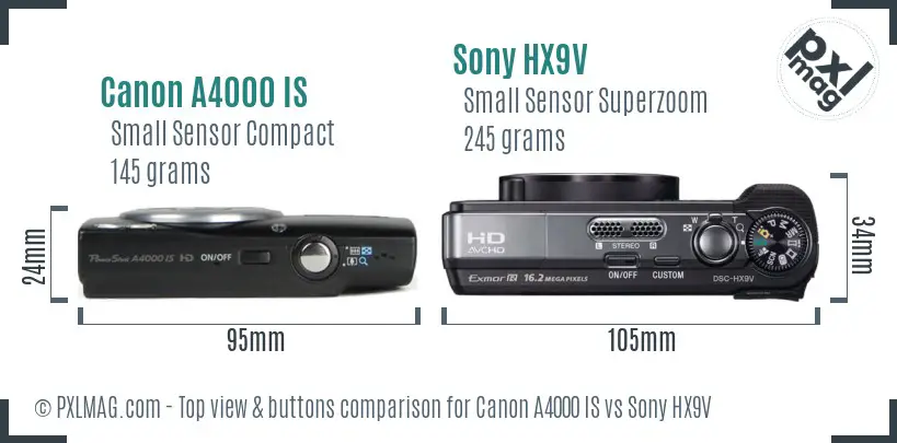 Canon A4000 IS vs Sony HX9V top view buttons comparison