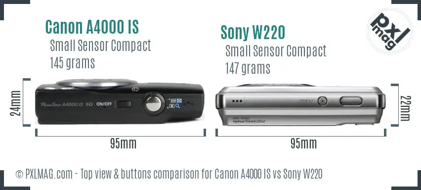 Canon A4000 IS vs Sony W220 top view buttons comparison Canon A4000 IS vs Sony W220 top view buttons comparison