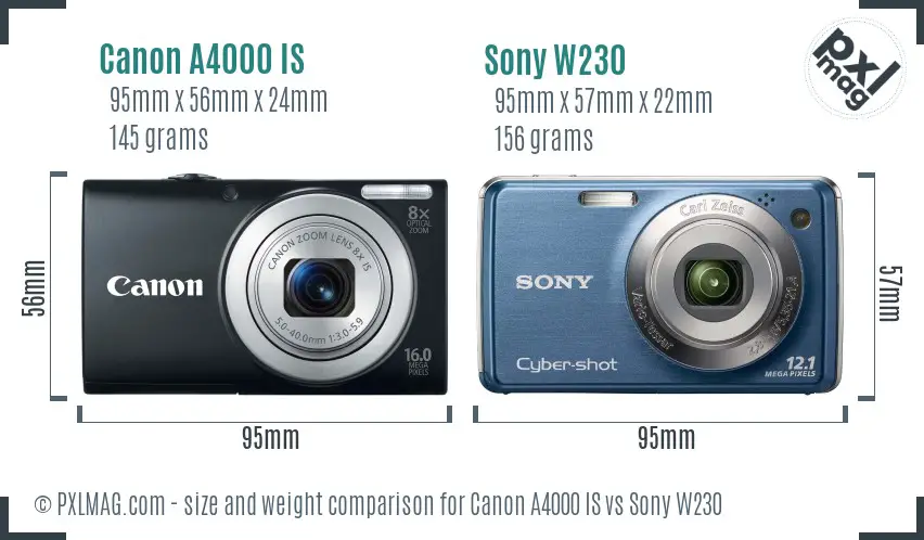Canon A4000 IS vs Sony W230 size comparison