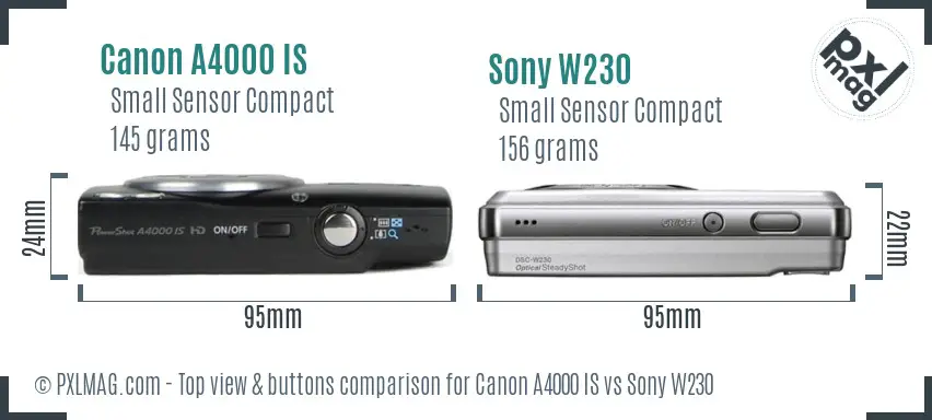 Canon A4000 IS vs Sony W230 top view buttons comparison