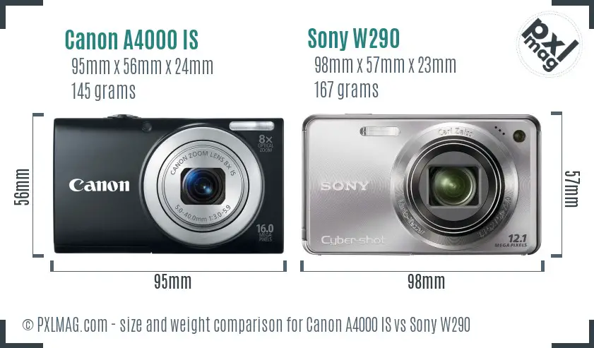 Canon A4000 IS vs Sony W290 size comparison