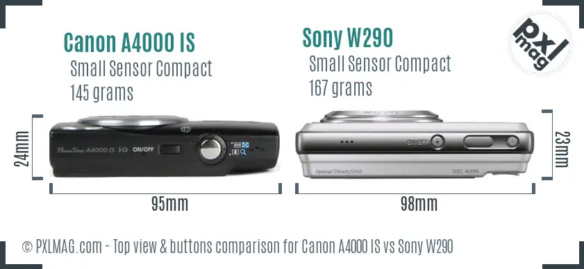 Canon A4000 IS vs Sony W290 top view buttons comparison