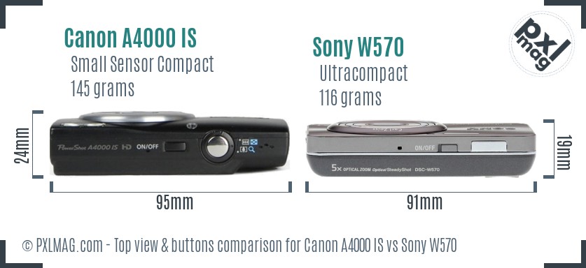 Canon A4000 IS vs Sony W570 top view buttons comparison