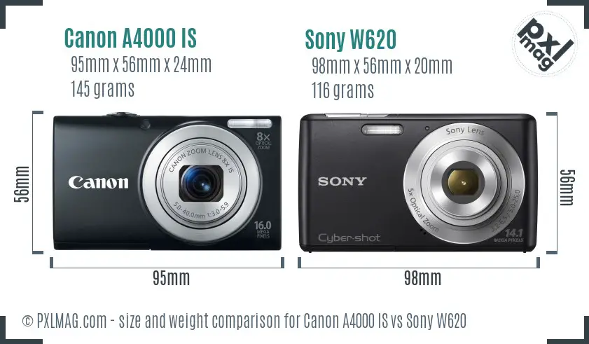 Canon A4000 IS vs Sony W620 size comparison