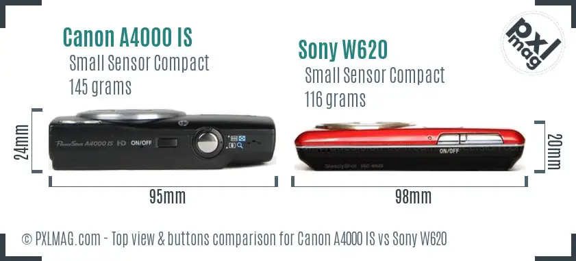 Canon A4000 IS vs Sony W620 top view buttons comparison