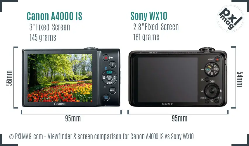Canon A4000 IS vs Sony WX10 Screen and Viewfinder comparison