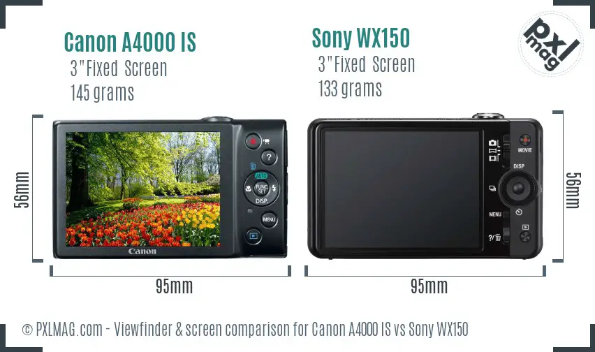 Canon A4000 IS vs Sony WX150 Screen and Viewfinder comparison