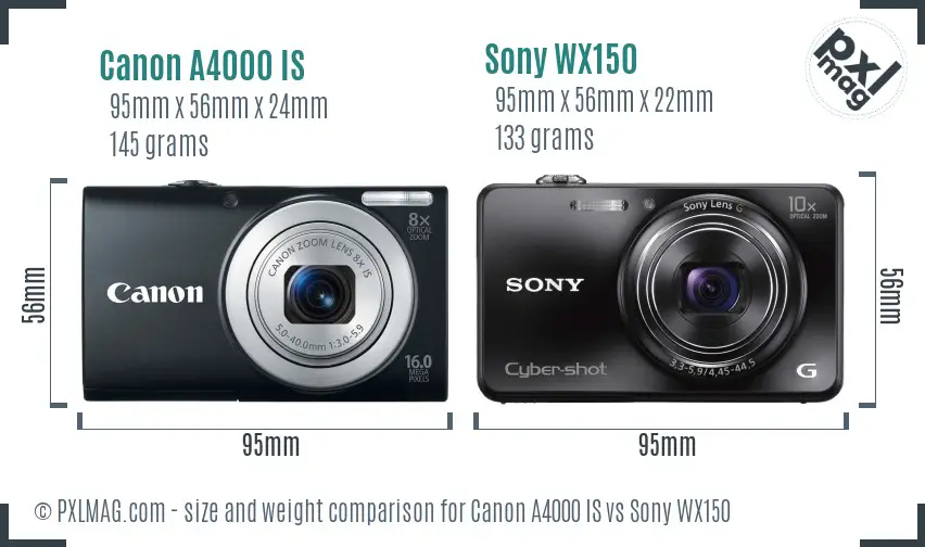 Canon A4000 IS vs Sony WX150 size comparison