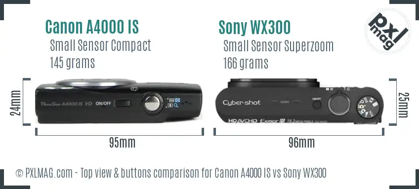 Canon A4000 IS vs Sony WX300 top view buttons comparison Canon A4000 IS vs Sony WX300 top view buttons comparison