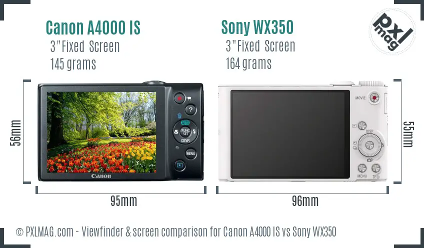 Canon A4000 IS vs Sony WX350 Screen and Viewfinder comparison