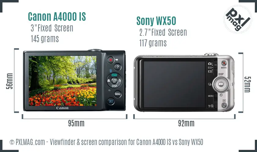 Canon A4000 IS vs Sony WX50 Screen and Viewfinder comparison