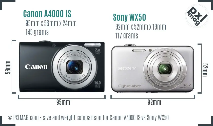 Canon A4000 IS vs Sony WX50 size comparison