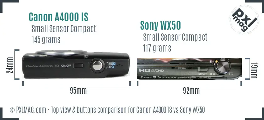 Canon A4000 IS vs Sony WX50 top view buttons comparison