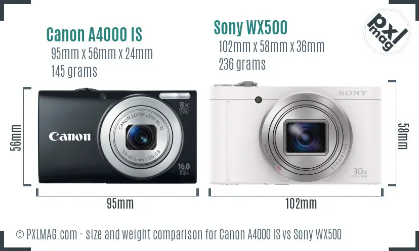 Canon A4000 IS vs Sony WX500 size comparison