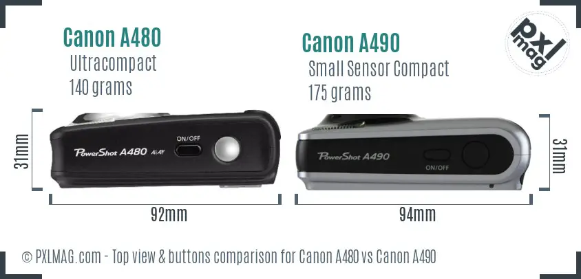 Canon A480 vs Canon A490 top view buttons comparison